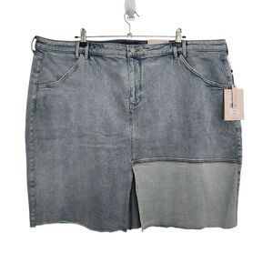 NYDJ Womens Denim Patchwork Midi Skirt Front Slit Lightly Distressed Size 26W